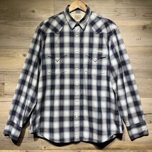 Lucky Brand Men’s Large Western Pearl Snap Shirt Long Sleeve Cotton Blue Plaid